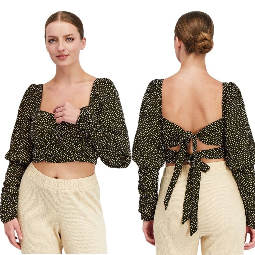 Collective the Label -558 Square Neck Puffed Sleeve Allover‎ Print Crop Top Sz 2